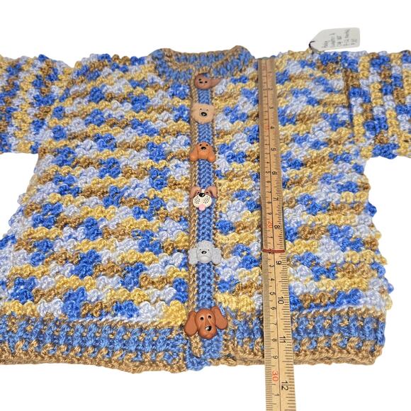 Hand Crochet Baby Sweater & Hat Set 9-12 Month Dog Buttons Poodle Hound Blue New - Picture 9 of 13